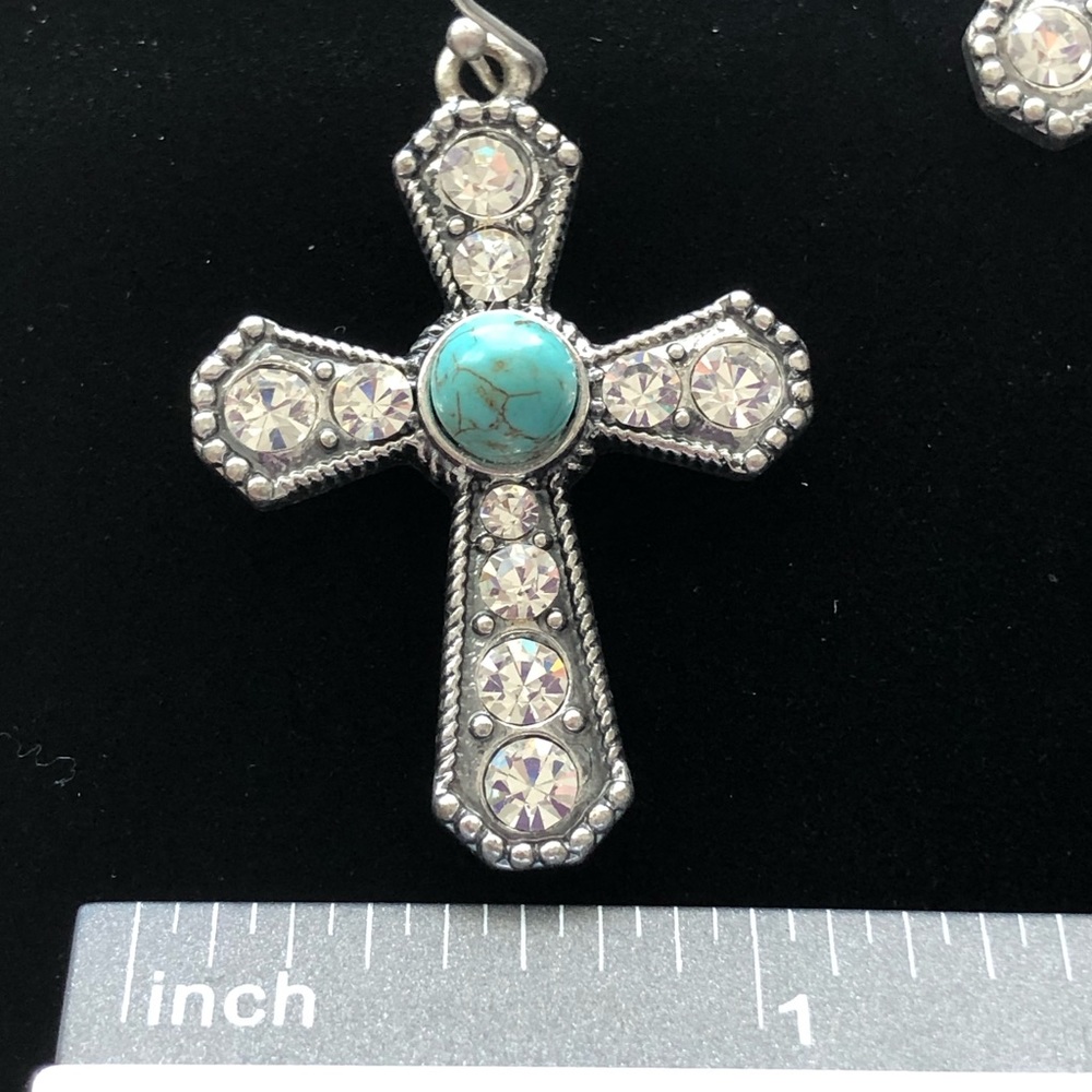 🆕 Turquoise & Rhinestone Cross Earrings - Picture 4 of 6